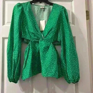 Trendy Women’s Puff Long Sleeve V-neck Top Green White Polka Dots w cutouts Sz M